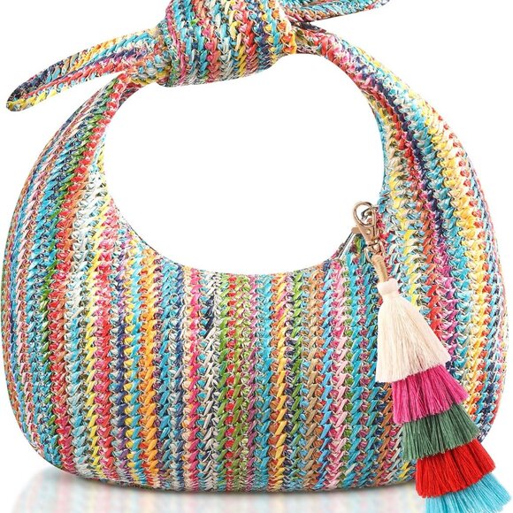Colorful Straw Clutch with Tassels and Bow for Women - Bohemian Summer Beach Bag - Picture 1 of 6